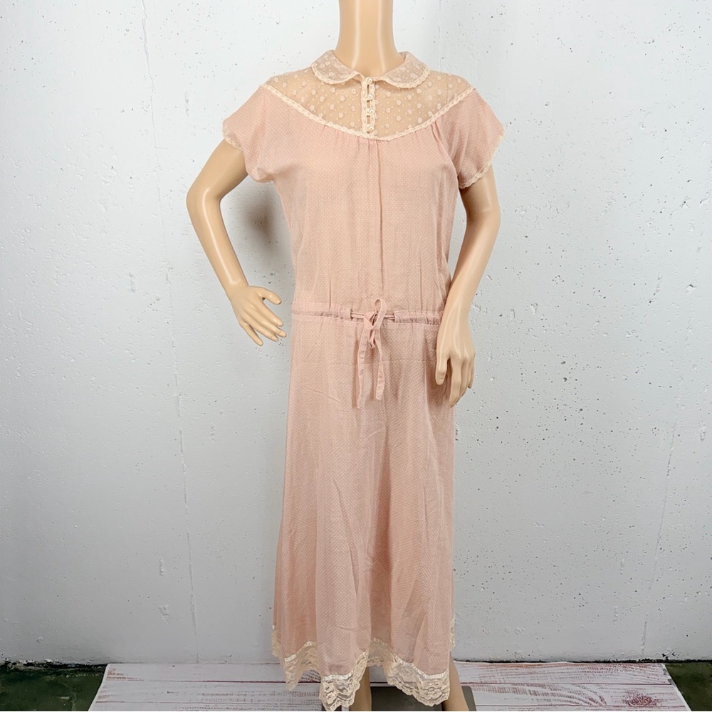 Vintage Handmade Women’s Small - Medium Sheer Pink Polka Dot Midi Prairie Dress